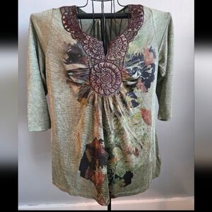 Energe World Wear Sage Green Beaded Embroidered 3/4 Sleeve Top 1X